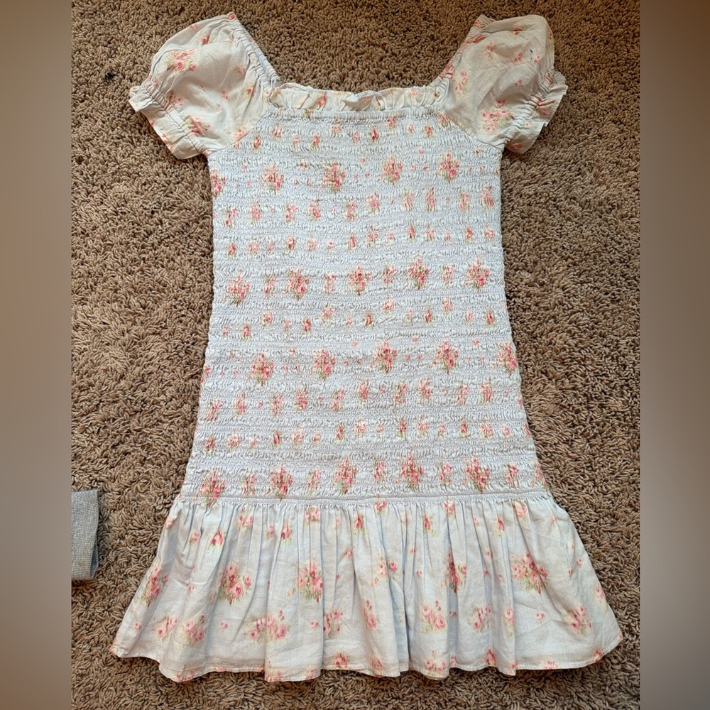 Loveshack fancy girls 14 blue floral smocked stretch dress like new